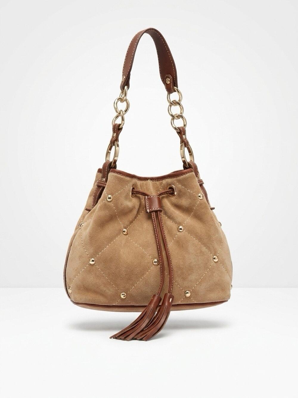 Claudia Firenze Italian Sued Tan Brown Small Hobo Studded Tote Handbag Purse